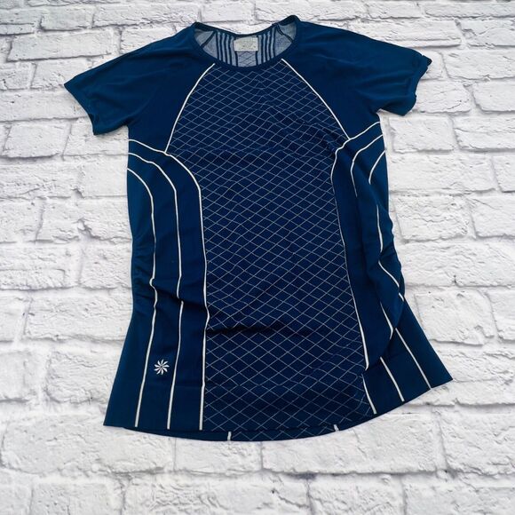 Athleta Finish Fast Line Tee Women's Medium Dark Blue/White Short Sleeve‎ Shirt - Picture 1 of 9